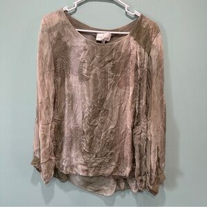 Belle France Silk Boho Blouse Embroidered Green Tan Long Sleeve Top